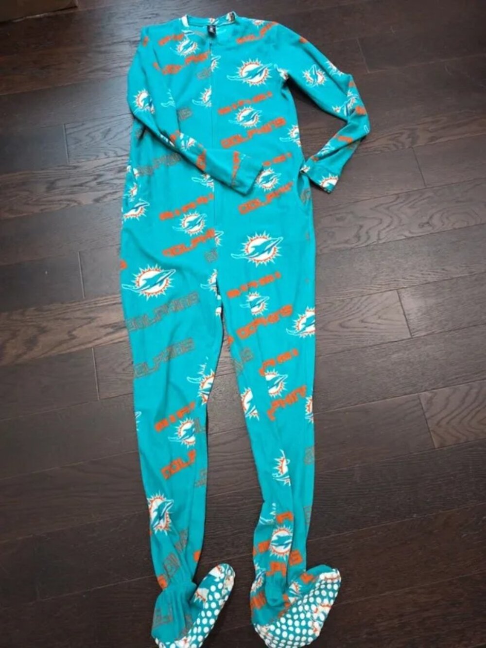 Adults Small NFL Team Miami Dolphins Fleece Bodysuit Pajamas with pockets